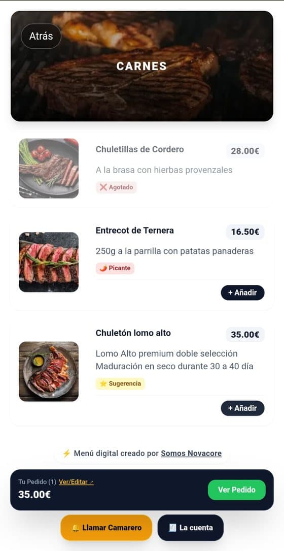 Carta digital de un restaurante con la categoría Carnes, platos con precio, pedido en curso y botones Llamar camarero y La cuenta